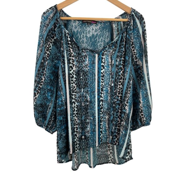 Heart & Soul Plus Tops - HeartSoul Plus Size 2X Womens Blouse With Blue & Black Animal Print & Lace De